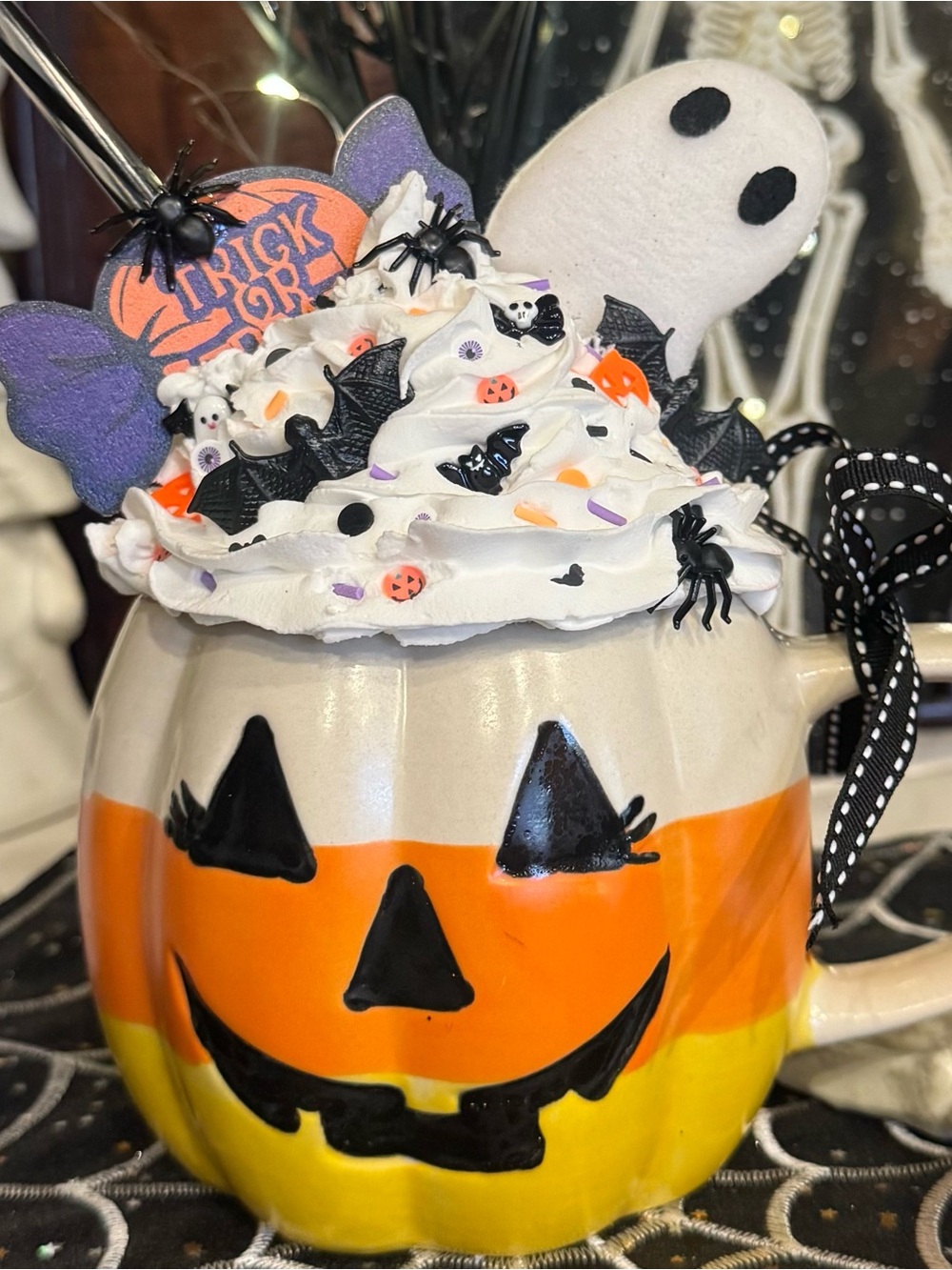 Halloween Pumpkin Candy Corn with White Ghost centerpiece Festive Party Decor